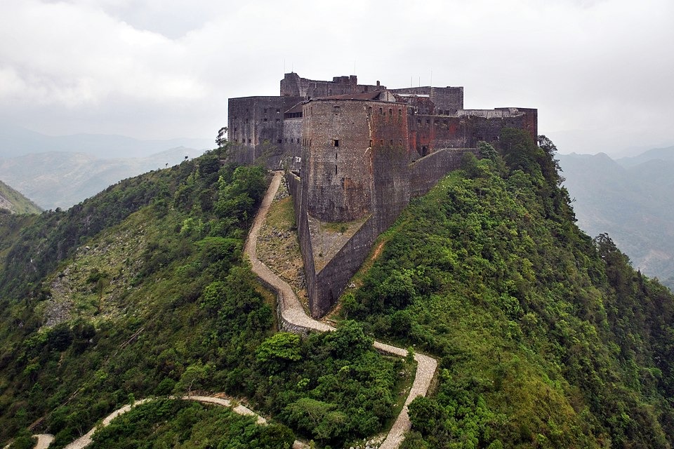Aerial view of the Citadelle Laferrière perched on a mountaintop in northern Haiti