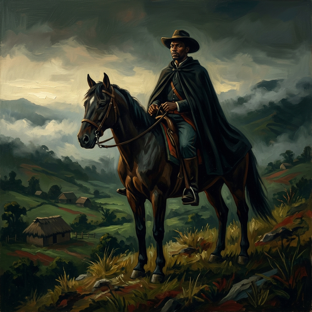 Charlemagne Péralte, Haitian Caco rebellion leader, painted portrait in the Haitian hills
