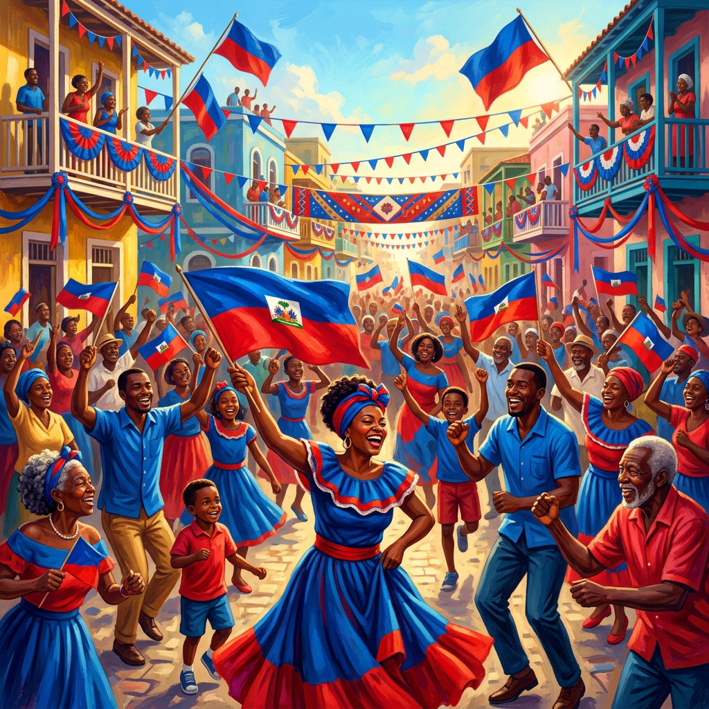 A joyful Haitian Flag Day street celebration with crowds waving blue-and-red Haitian flags