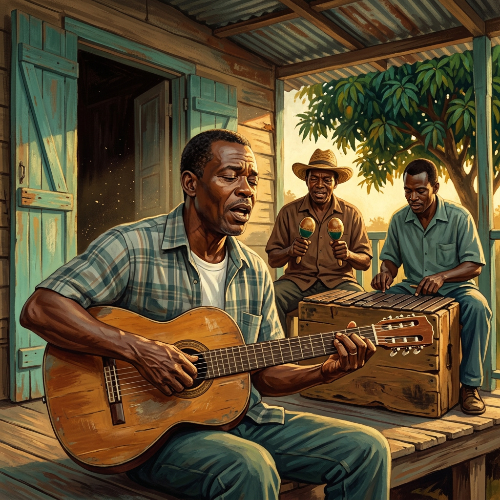 A Haitian twoubadou musician playing acoustic guitar at golden hour, accompanied by maracas and a marimbula