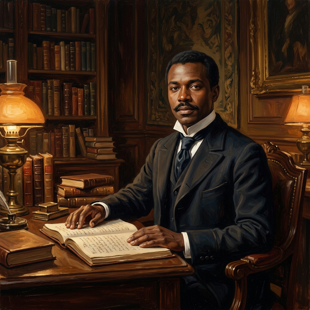 Painterly portrait of a Haitian scholar-diplomat in a 19th-century Paris library, resting his hands on an open manuscript