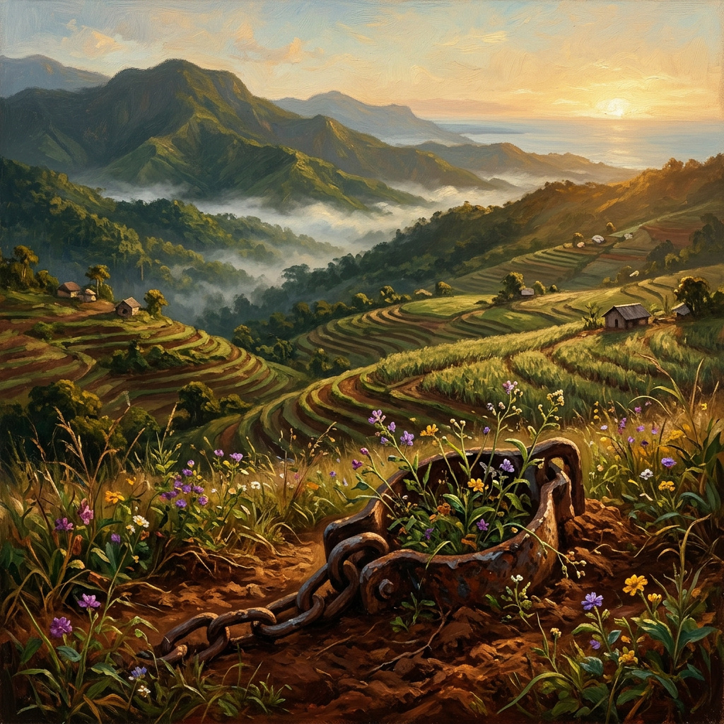 The mountains of northern Haiti at dawn above old sugarcane fields, a broken iron shackle half-buried in the red earth in the foreground