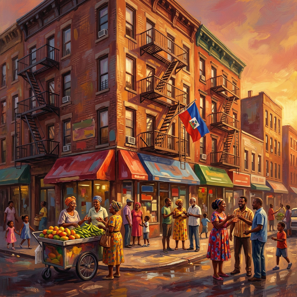 A busy Flatbush street corner in Brooklyn at golden hour, with Haitian shops, a fruit vendor and a Haitian flag hanging from a fire escape