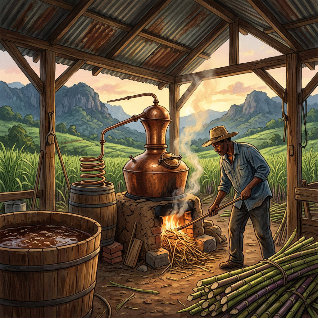 A Haitian artisanal distiller tending a copper alembic still fired by burning bagasse, surrounded by cut sugarcane