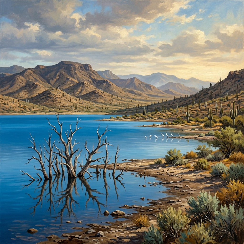 Dead trees standing in the risen blue water of Lake Azuéi in Haiti, with arid cactus-covered mountains behind