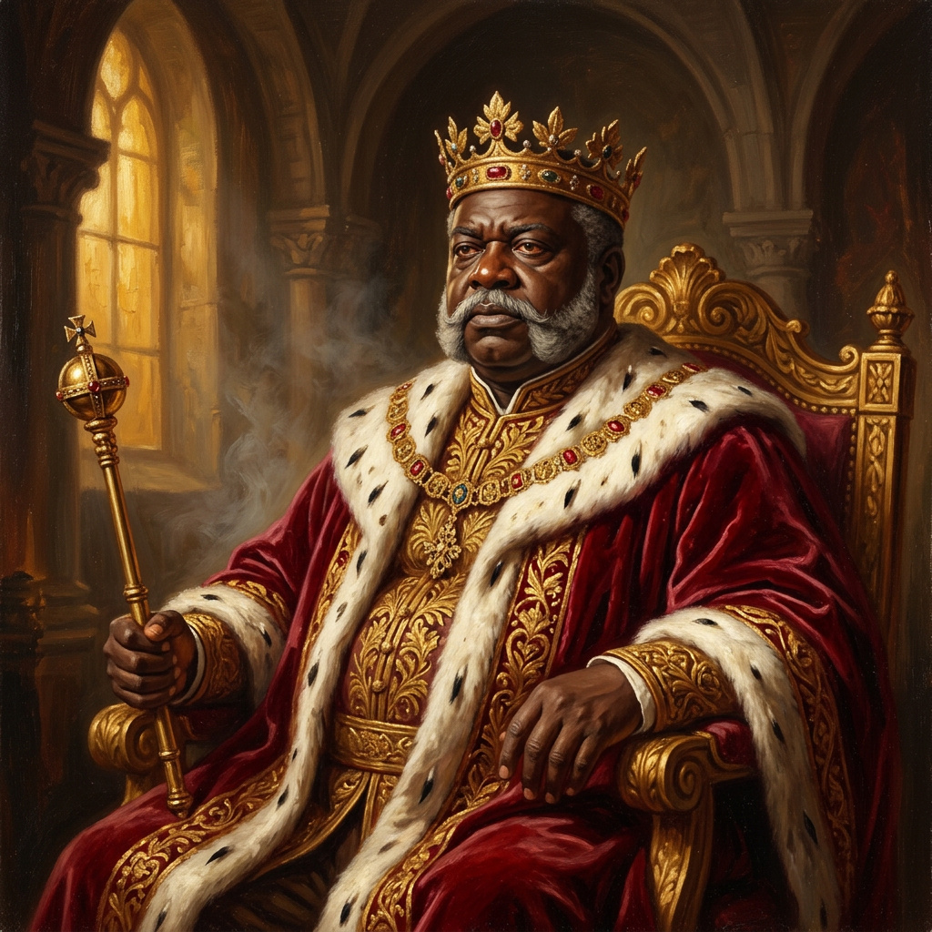 A painterly portrait of a Haitian emperor in a red-and-gold coronation robe with a jeweled crown, seated on a gilded throne