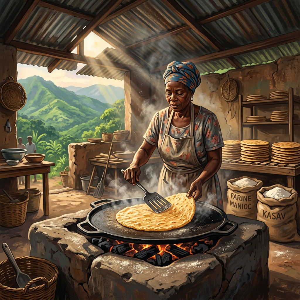 A woman in northern Haiti turns a large round of kasav cassava bread on a hot iron platine over charcoal