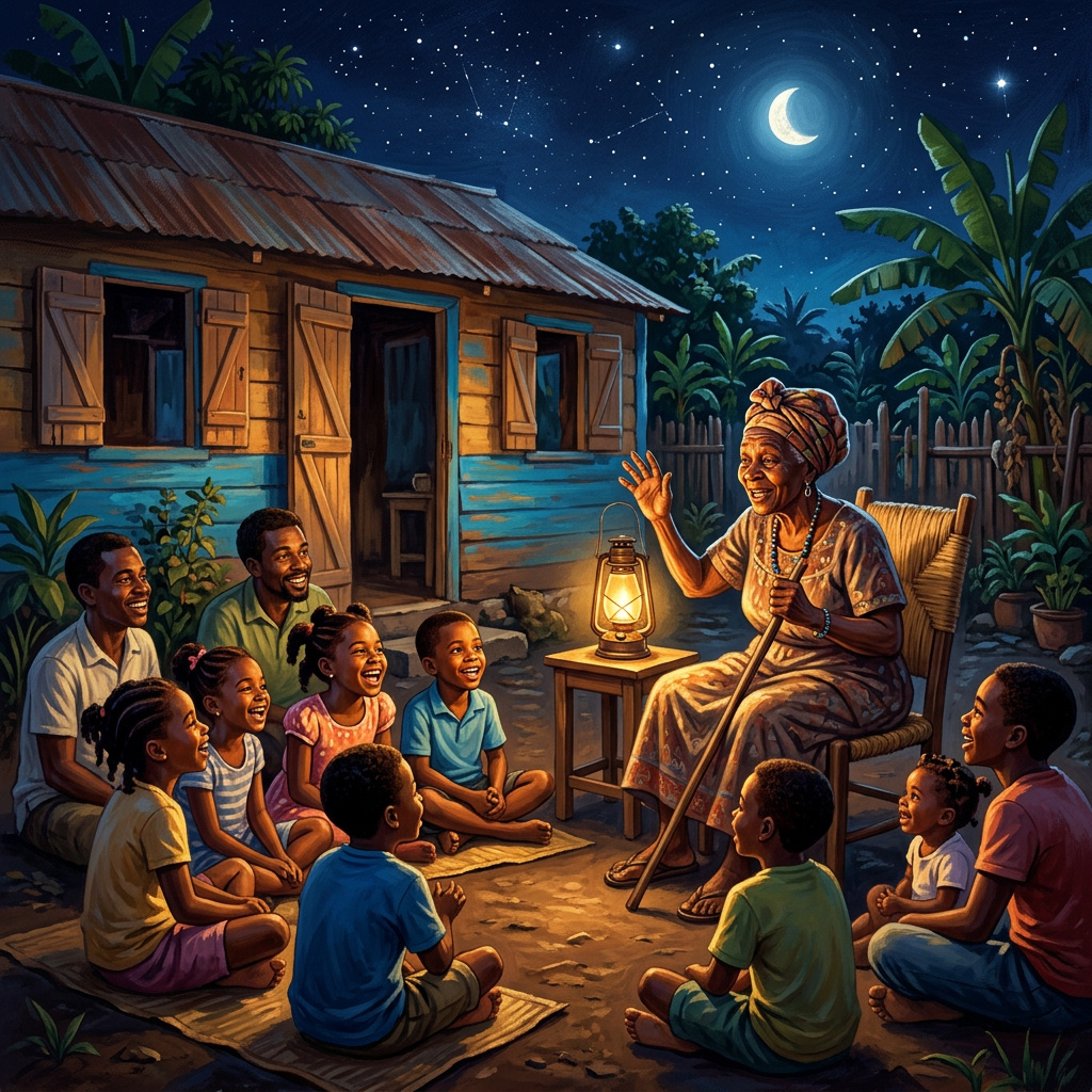 An elderly Haitian storyteller speaks to children gathered around a lantern in a rural lakou at night